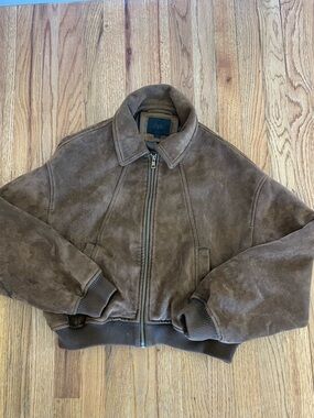 ZARA Brown Suede Bomber Jacket with Ribbed Hem